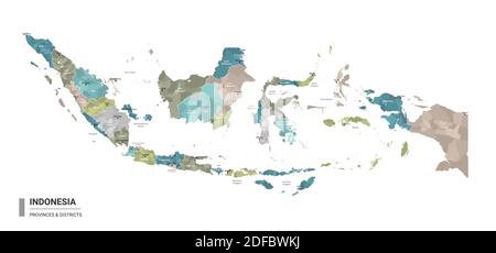 Indonesia higt Mappa dettagliata con suddivisioni. Mappa amministrativa dell'Indonesia con il nome di distretti e città, colorata per stati e amministrativa di Illustrazione Vettoriale