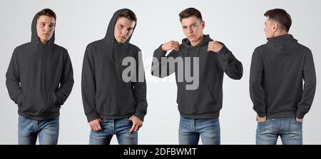 Mockup di una felpa con cappuccio nera maschile su un ragazzo su uno sfondo isolato, con una posa davanti e dietro. Modello di abiti vuoti per presentatio Foto Stock