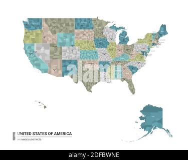 Gli Stati Uniti d'America (USA) higt mappa dettagliata con suddivisioni. Mappa amministrativa degli Stati Uniti d'America (USA) con distretti e ci Illustrazione Vettoriale