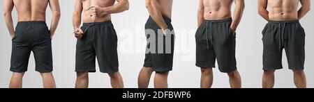 Modello di shorts neri bianchi su un ragazzo su uno sfondo isolato, con vista frontale, laterale e posteriore. Mockup di abiti da uomo per la presentazione Foto Stock