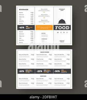 Design vettoriale pieghevole menu per caffè e ristoranti con blocchi verticali e orizzontali per testo e condivisioni. Motivi di colore bianco con tratti neri. Illustrazione Vettoriale