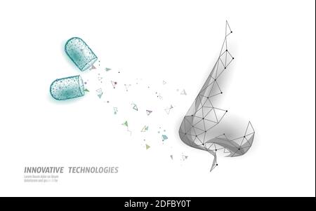 Rinite naso basso poli . Medicina di trattamento coryza. Farmacia naso che cola spray. Illustrazione vettoriale del modello di banner di progettazione poligonale Illustrazione Vettoriale