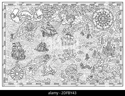 Antica mappa pirata con vecchie barche a vela pirata, isole tesoro. Sfondo antico decorativo con carta nautica, avventura tesori caccia concetto Foto Stock