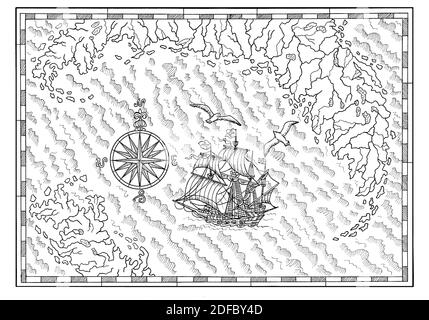 Antica mappa pirata con vecchie barche a vela pirata, isole tesoro. Sfondo antico decorativo con carta nautica, avventura tesori caccia concetto Foto Stock