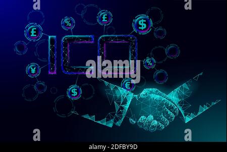 Moneta iniziale che offre il concetto di tecnologia delle lettere ICO. Business Finance economy basso design stile poly. Crypto banking valuta offerta online. Internet Illustrazione Vettoriale