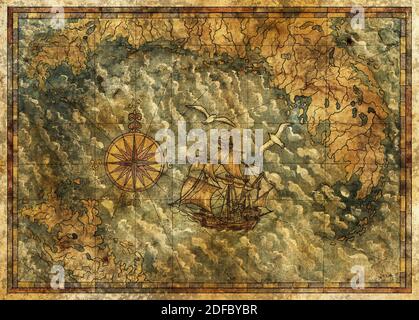 Antica mappa pirata con vecchie barche a vela pirata, isole tesoro. Sfondo antico decorativo con carta nautica, avventura tesori caccia concetto Foto Stock