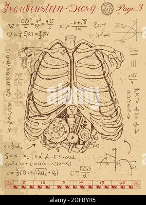 Insieme lineare grafico con corpo e parti meccaniche e vecchi meccanismi. Steampunk e concetto di tecnologia antica. Illustrazione Vettoriale