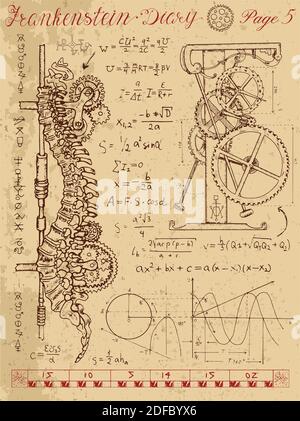 Insieme lineare grafico con corpo e parti meccaniche e vecchi meccanismi. Steampunk e concetto di tecnologia antica. Illustrazione Vettoriale