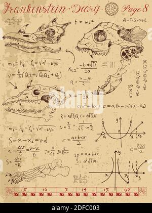 Insieme lineare grafico con corpo e parti meccaniche e vecchi meccanismi. Steampunk e concetto di tecnologia antica. Illustrazione Vettoriale