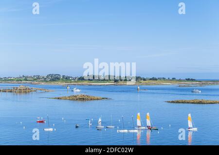 Francia, Finistere, Roscoff, tappa sul percorso escursionistico GR 34 o sentiero doganale, imparando a navigare nel canale dell'isola di Batz Foto Stock