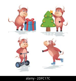 Colore tori cinese nuovo anno 2021 simbolo, animali con corna, mucche e bufali calendario famiglia o carte Illustrazione Vettoriale