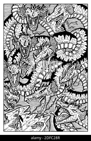 Idra. Illustrazione Fantasy in bianco e nero incisa con creature mitologiche e personaggi Illustrazione Vettoriale