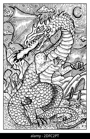 Drago. Illustrazione Fantasy in bianco e nero incisa con creature mitologiche e personaggi Illustrazione Vettoriale