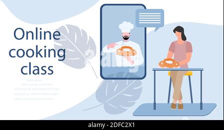 Illustrazione vettoriale cucinare online master class cucina donna a casa mentre streaming online lezione culinaria video canale, blog con chef preparazione h. Illustrazione Vettoriale