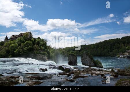 Das Schloss liegt am linken Ufer des Rheins auf einem steilen Felsen über dem Rheinfall und bietet einen Ausblick über den Rhein und den Wasserfall. Foto Stock