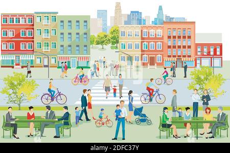 La silhouette della città con le persone sul marciapiede illustrazione Illustrazione Vettoriale