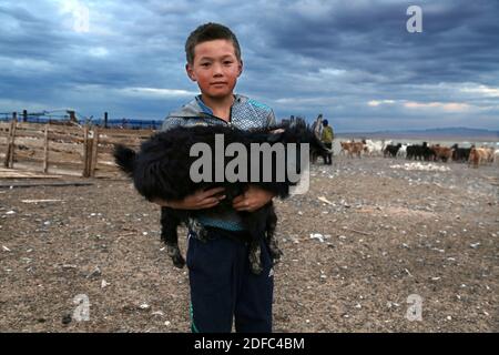 Mongolia, ritratto di ragazzo con bestiame nel deserto di Gobi Foto Stock
