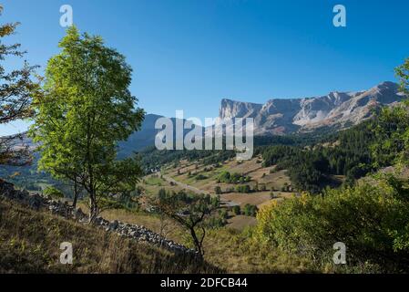 Francia, Hautes Alpes, (05) Massif du Devoluy, saint Etienne en Devoluy , au-dessus du village vue vers le plateau et pic de Bure (2709m) Foto Stock