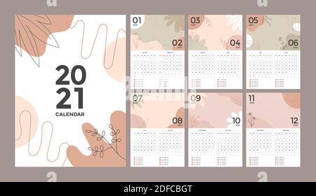 Set di design astratto creativo calendario di 2021 anni. Raccolta di modelli vettoriali. La settimana inizia la domenica. Illustrazione Vettoriale
