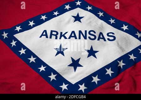 Primo piano su una bandiera ondulata dell'Arkansas (USA) nel rendering 3D. Foto Stock
