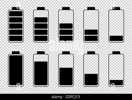 Set di indicatori del livello di carica della batteria neri su sfondo trasparente. Illustrazione Vettoriale