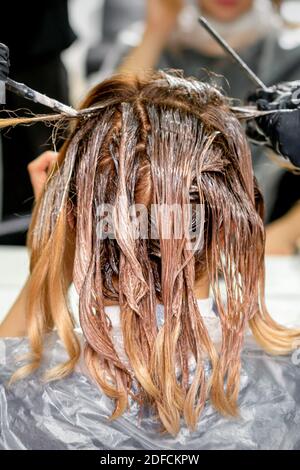 Due delle mani del parrucchiere colorano i capelli femminili con un spazzola in un parrucchiere Foto Stock