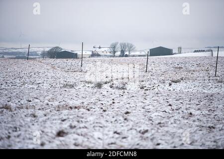 Glasgow, Scozia, Regno Unito. 4 Dicembre 2020. Nella foto: Brughiera innevata. Whitelee vento fattoria e Eaglesham Moor ha la neve ancora steso sul terreno con bruno schiaffo sulla strada. Credit: Colin Fisher/Alamy Live News Foto Stock