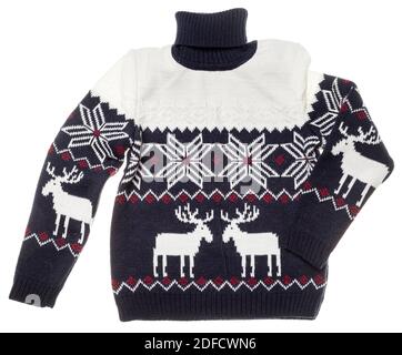 Per i bambini di Natale a maglia turtleneck maglione di design tradizionale con alce elk o ornamento isolati su sfondo bianco Foto Stock