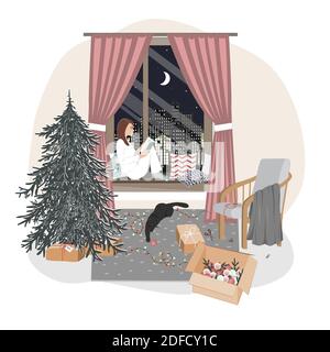 Una ragazza carina e rilassata seduta su un davanzale e la lettura. Higge xmas umore con albero di nuovo anno, giocando gatto, e paesaggio della finestra invernale. Natale Illustrazione Vettoriale