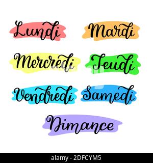 Scritte in francese, giorni della settimana - Lunedi, Martedì, Mercoledì, Giovedi, Venerdì, Sabato, Domenica. Parole manoscritte per calendario, piano settimanale o. Illustrazione Vettoriale