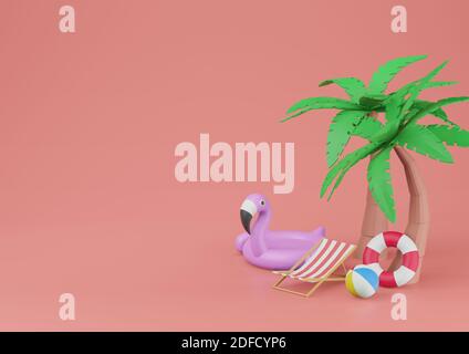 Banner estivo con elementi da spiaggia sullo sfondo rosso rendering 3d. Foto Stock