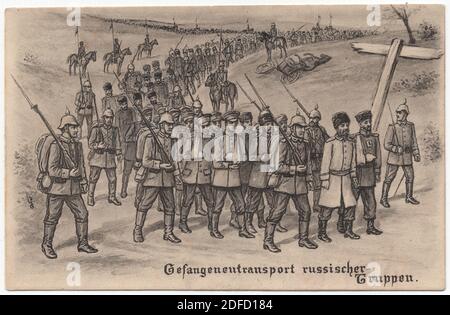 La marcia dei prigionieri di guerra russi scortata da soldati tedeschi durante la prima guerra mondiale raffigurata nel disegno di un artista sconosciuto datato probabilmente dal 1914 al 1917 e pubblicato nella cartolina d'epoca tedesca. Testo in tedesco significa: Trasporto di truppe russe. Per gentile concessione di Azoor Postcard Collection. Foto Stock