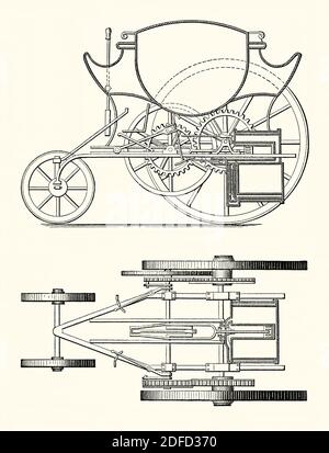 Una vecchia incisione che mostra una vista laterale e dall'alto della carrozza a vapore di Richard Trevispick del 1803. E 'da un libro di ingegneria meccanica vittoriana del 1880. La carrozza a vapore di Londra era un veicolo stradale ad alta pressione, alimentato a vapore, costruito da Trevitick (1771–1833) e brevettato nel 1802. L’anno successivo la ‘carrozza a vapore di Londra’ è stata guidata per circa 10 km (16 miglia) attraverso le strade di Londra, con sette o otto passeggeri, a una velocità di 4-9 mph, le strade essendo state chiuse ad altri traffici. Più tardi Trevitick e un collega si schiantarono la carrozza e fu demolita. Foto Stock