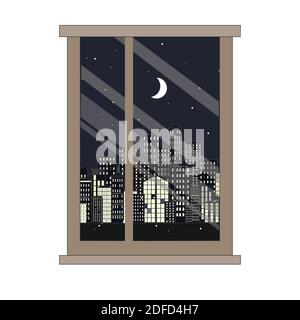 Finestra e vista notturna della città. Illustrazione vettoriale di stile piatto. Illustrazione Vettoriale