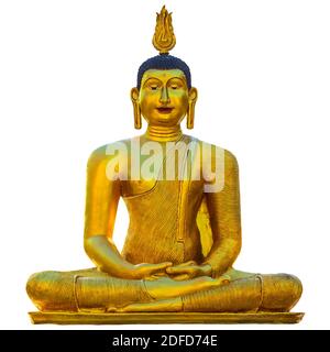 Statua del buddha d'oro isolata su sfondo bianco Foto Stock