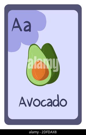 Lettera alfabetica colorata A - avocado. Flashcard phonics. Carte ABC a tema alimentare per insegnare la lettura con cibi, verdure, frutta e noci. Serie di ABC. Illustrazione Vettoriale