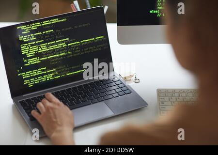 Vista posteriore della donna che scrive sul computer portatile che lavora con il computer programmi in ufficio Foto Stock