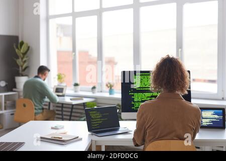 Vista posteriore delle persone che lavorano con il nuovo software sui computer al tavolo in ufficio Foto Stock