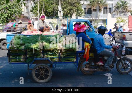 Phnom Penh, Cambogia - Marzo, 2015: Mucchio di cipolle verdi su una carrozza dietro la moto. Agricoltori che guidano con un mucchio di cipolle insalata in un traffico di città j Foto Stock