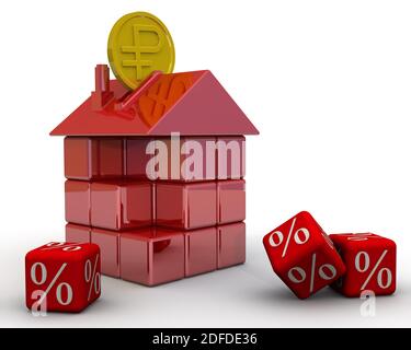 Banco di porcellini smontato sotto forma di una casa di mattoni, cubo con un simbolo percentuale e una moneta con il simbolo del rublo russo su una superficie bianca Foto Stock