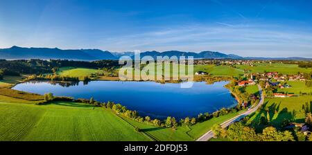 Lago Froschhauser See, Froschhausen vicino Murnau, Das Blaue Land, Foreland Alpina, alta Baviera, Baviera, Germania, Europa Foto Stock