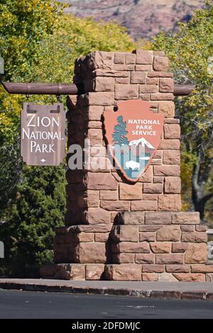 Vista generale della segnaletica del Parco Nazionale di Zion, mercoledì 11 novembre 2020, a Springdale, Utah. (Dylan Stewart/immagine dello sport) Foto Stock