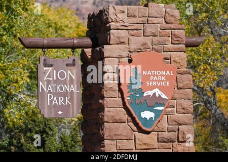 Vista generale della segnaletica del Parco Nazionale di Zion, mercoledì 11 novembre 2020, a Springdale, Utah. (Dylan Stewart/immagine dello sport) Foto Stock