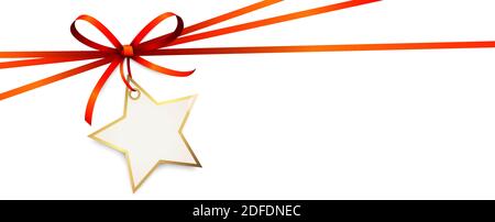 EPS 10 immagine vettoriale dell'arco a nastro rosso e. banda regalo con la forma di una stella dorata pendente per saluti di natale isolato su bianco backg Illustrazione Vettoriale