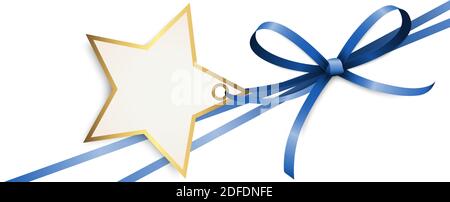 EPS 10 immagine vettoriale di archetto a nastro blu e. banda regalo con la forma di una stella dorata pendente per saluti di natale isolati sulla schiena bianca Illustrazione Vettoriale