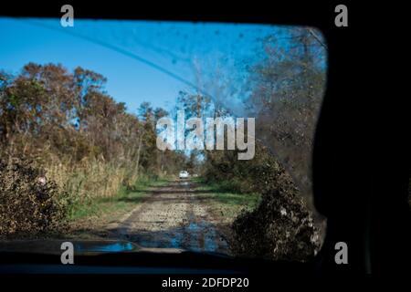 Guida attraverso il fango mentre si spruzzi sul parabrezza Foto Stock