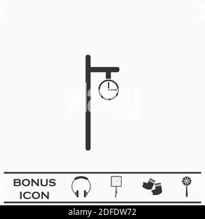 Icona orologio via piatta. Pittogramma nero su sfondo bianco. Simbolo dell'illustrazione vettoriale e pulsante bonus Illustrazione Vettoriale