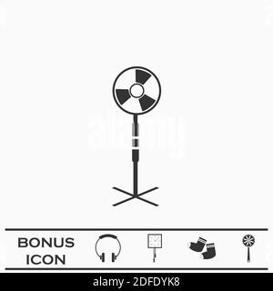 L'icona del condizionatore d'aria della ventola è piatta. Pittogramma nero su sfondo bianco. Simbolo dell'illustrazione vettoriale e pulsante bonus Illustrazione Vettoriale