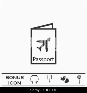 Icona viaggi passaporto piatto. Pittogramma nero su sfondo bianco. Simbolo dell'illustrazione vettoriale e pulsante bonus Illustrazione Vettoriale