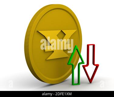 Dinamica dello yuan cinese. Moneta d'oro con il simbolo della moneta cinese (yuan) e le frecce (verde e rosso) sulla superficie bianca. Illustrazione 3D Foto Stock